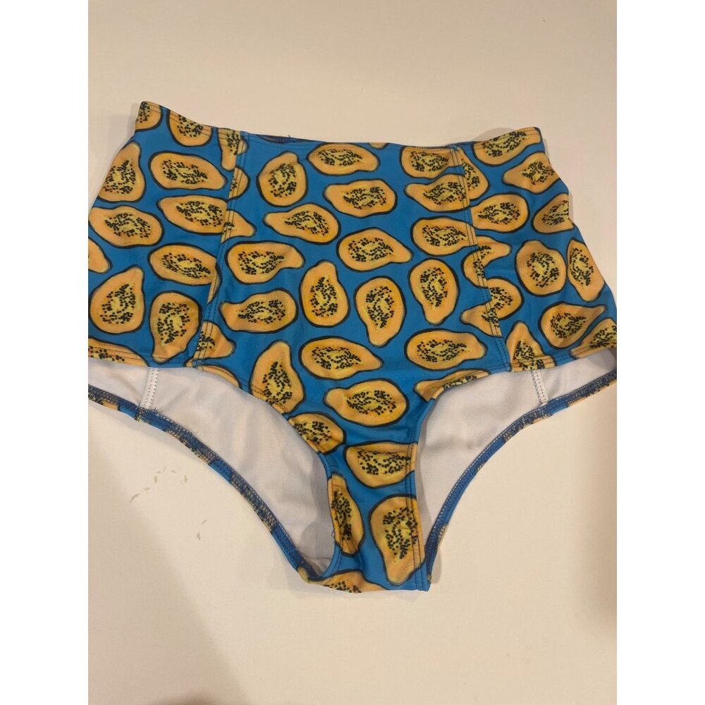 High-Waisted Womens Swim Bottoms With Papaya Print Size M Made In USA Nylon/Span